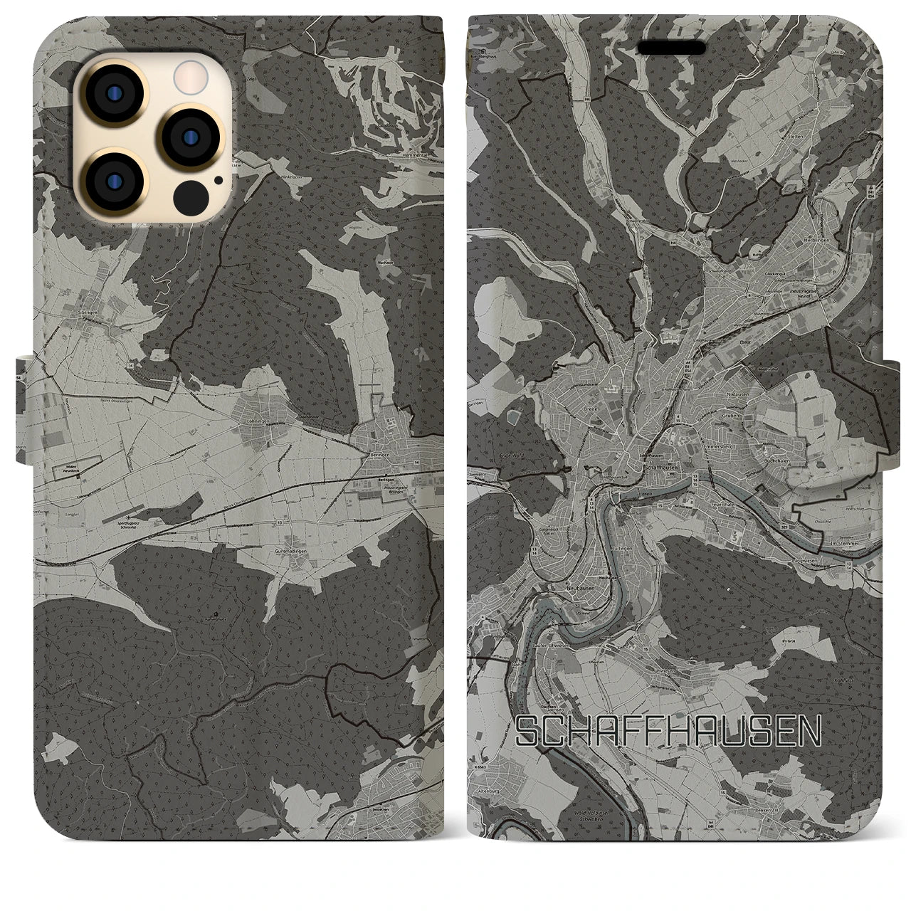 【シャフハウゼン(スイス)】地図柄iPhoneケース(手帳タイプ)モノトーン・iPhone 12 Pro Max 用