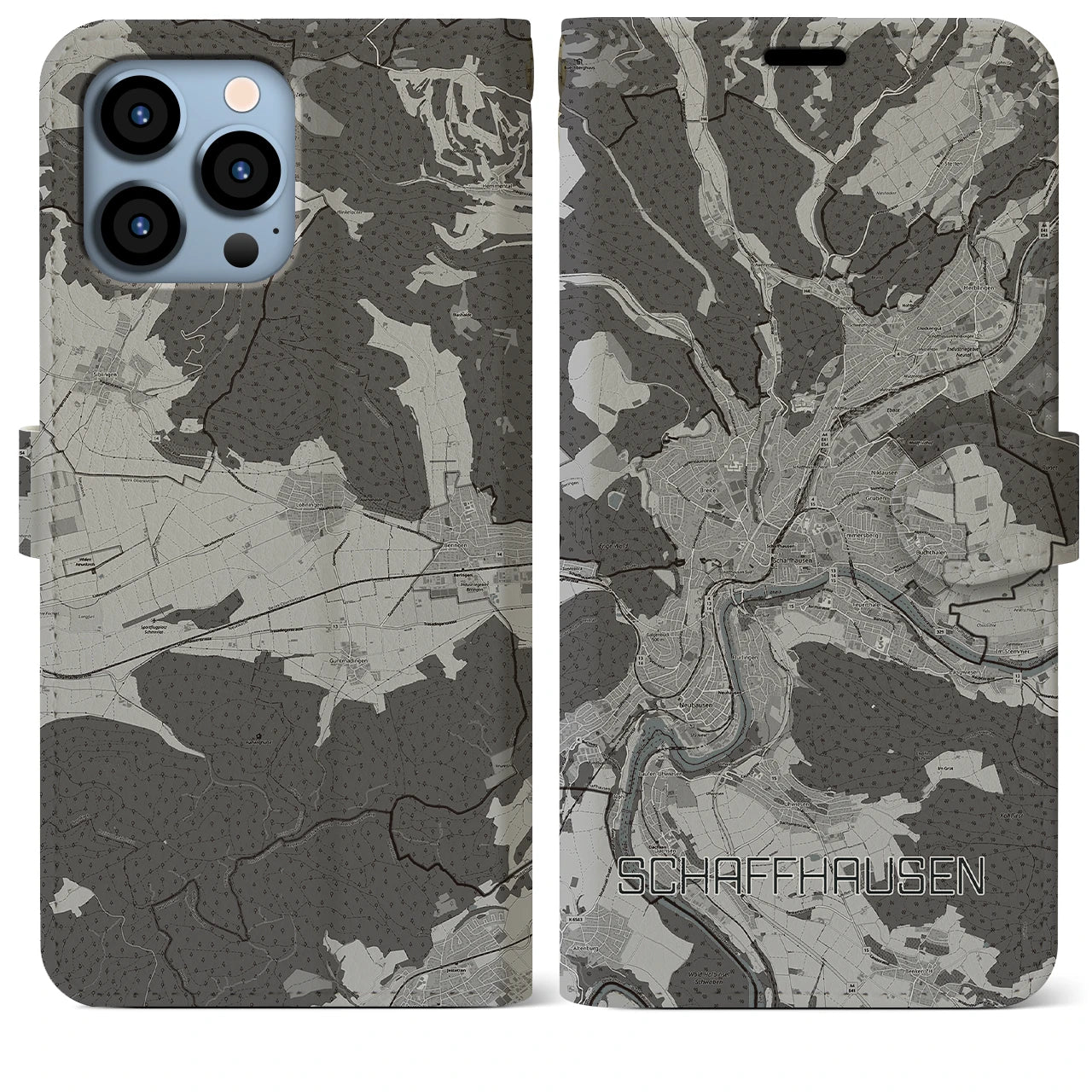 【シャフハウゼン(スイス)】地図柄iPhoneケース(手帳タイプ)モノトーン・iPhone 13 Pro Max 用