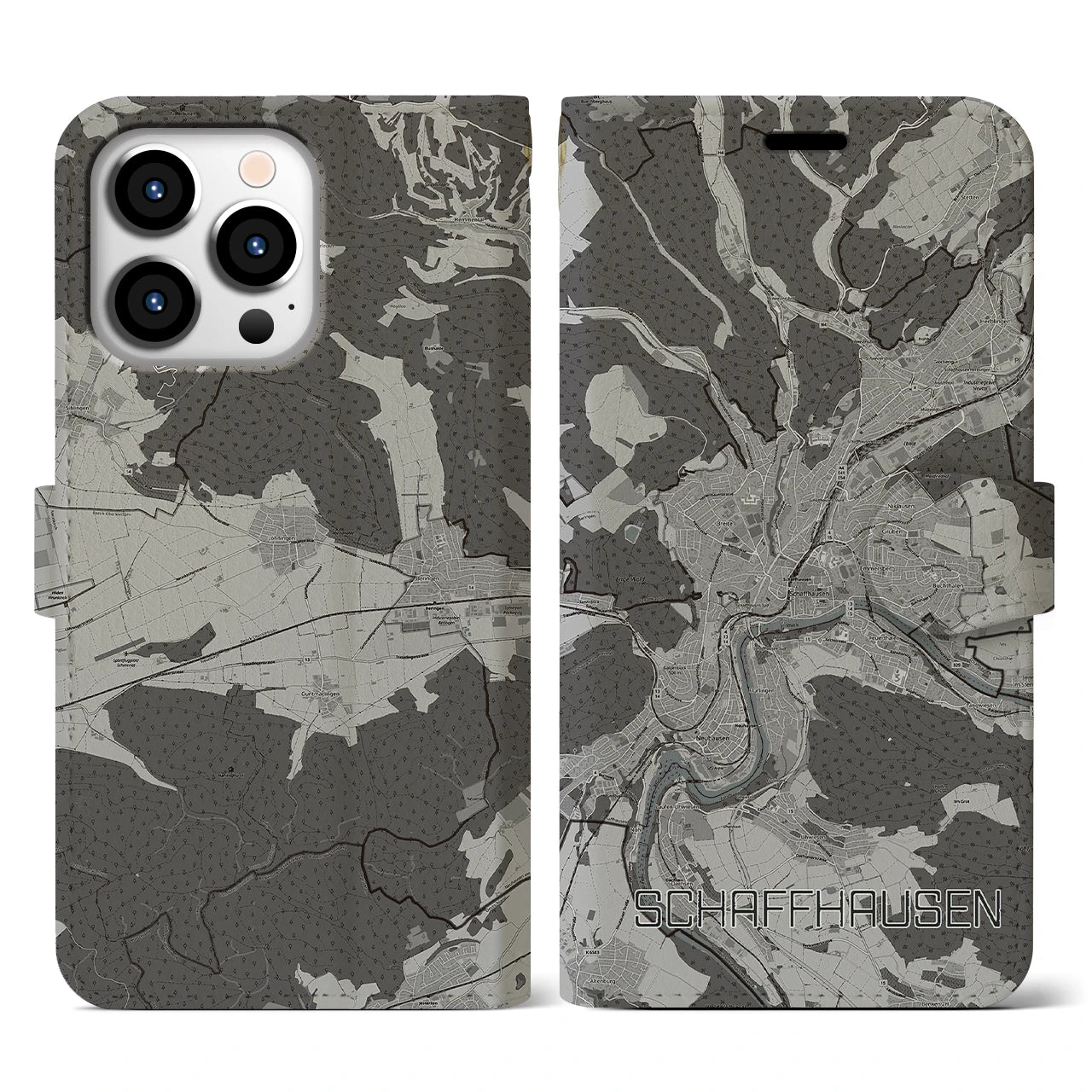 【シャフハウゼン(スイス)】地図柄iPhoneケース(手帳タイプ)モノトーン・iPhone 13 Pro 用