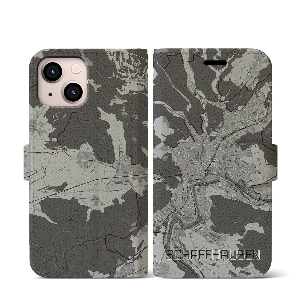 【シャフハウゼン(スイス)】地図柄iPhoneケース(手帳タイプ)モノトーン・iPhone 13 mini 用