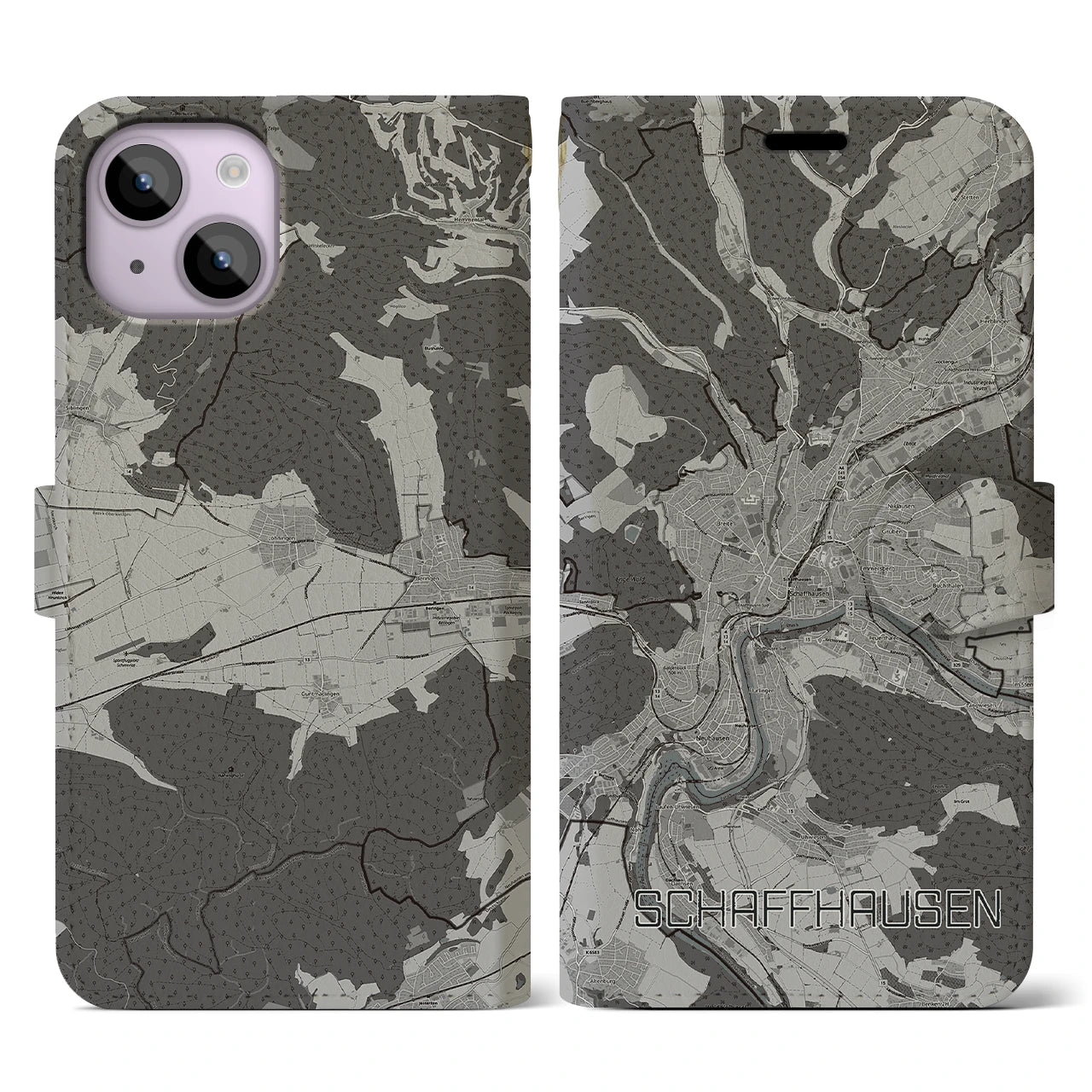 【シャフハウゼン(スイス)】地図柄iPhoneケース(手帳タイプ)モノトーン・iPhone 14 用