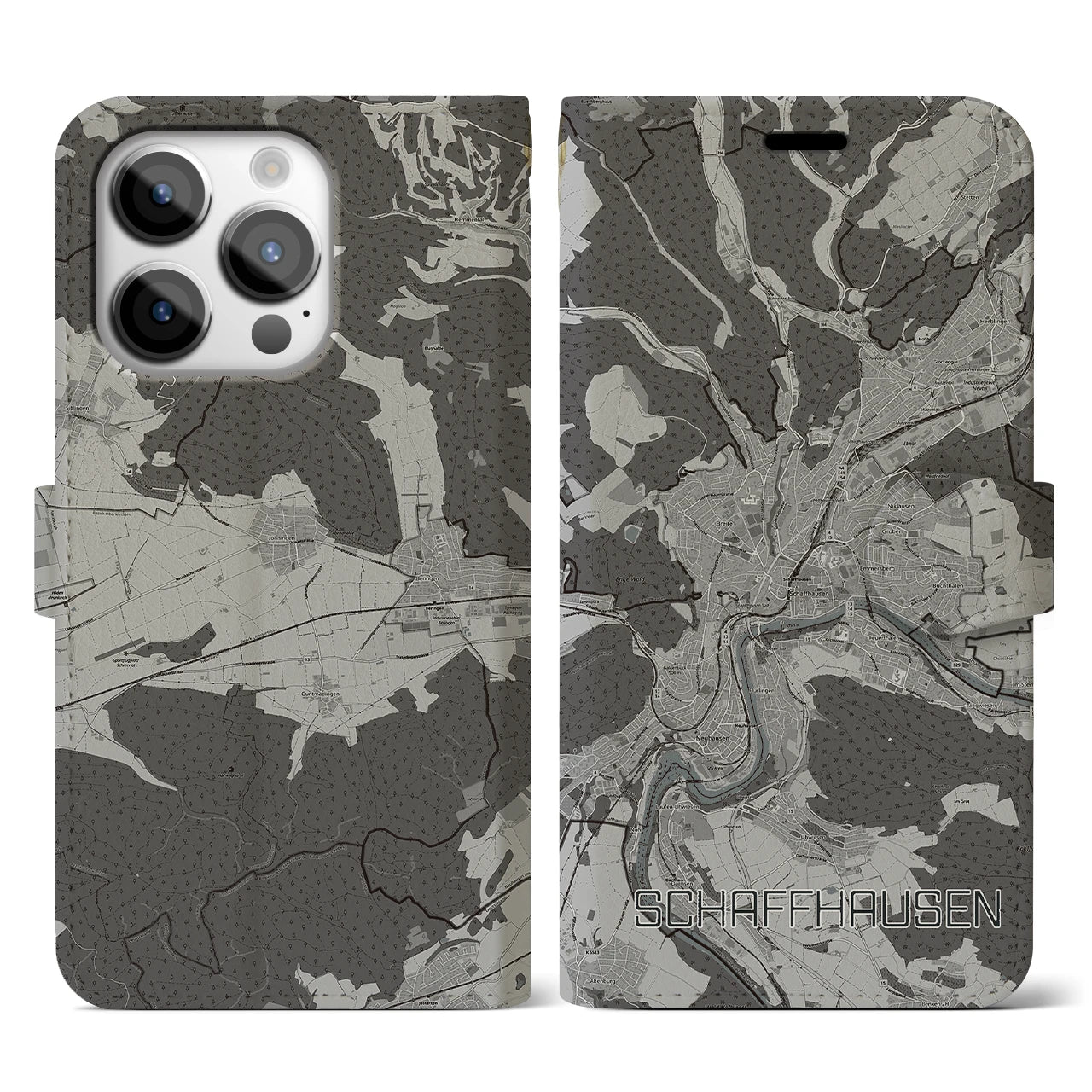 【シャフハウゼン(スイス)】地図柄iPhoneケース(手帳タイプ)モノトーン・iPhone 14 Pro 用