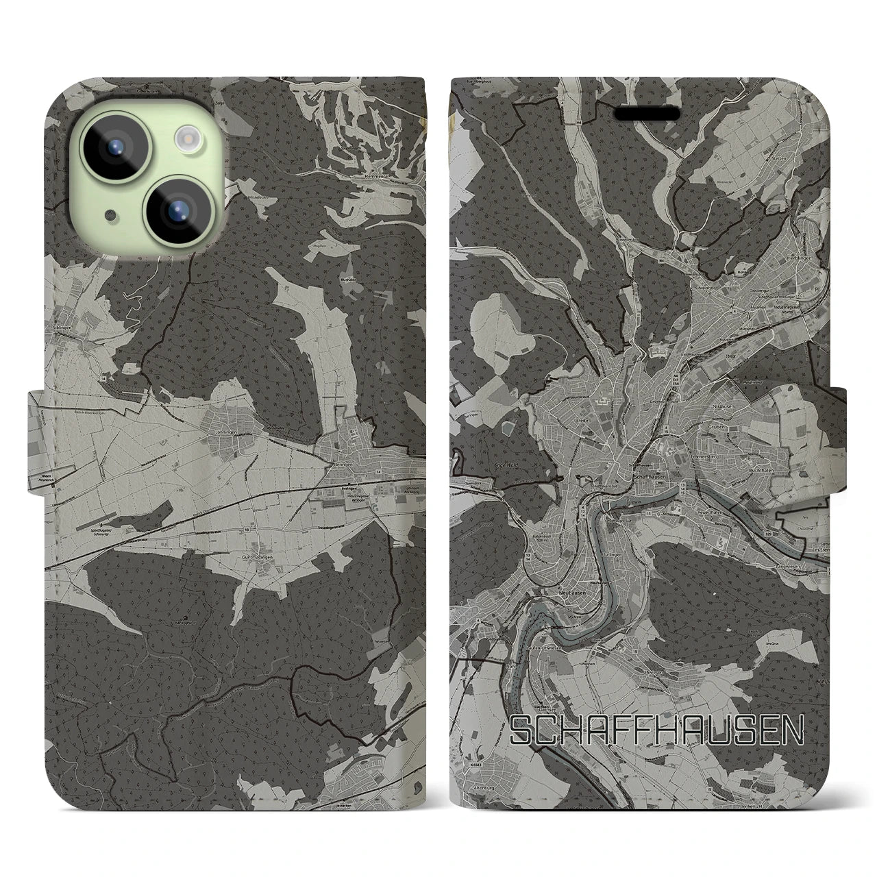 【シャフハウゼン(スイス)】地図柄iPhoneケース(手帳タイプ)モノトーン・iPhone 15 用