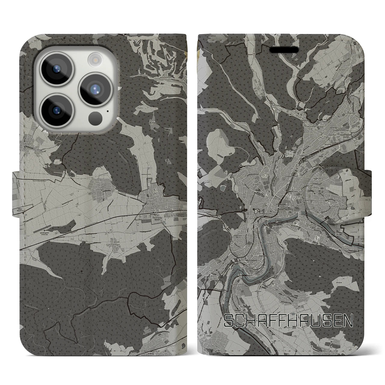 【シャフハウゼン(スイス)】地図柄iPhoneケース(手帳タイプ)モノトーン・iPhone 15 Pro 用