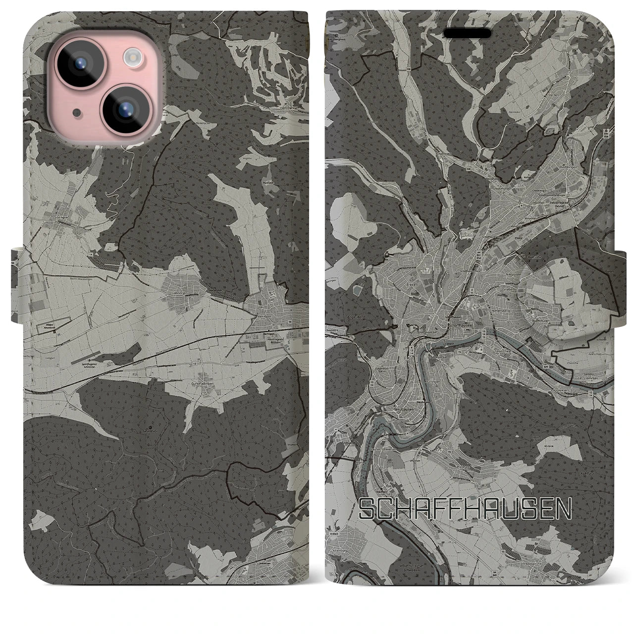 【シャフハウゼン(スイス)】地図柄iPhoneケース(手帳タイプ)モノトーン・iPhone 15 Plus 用