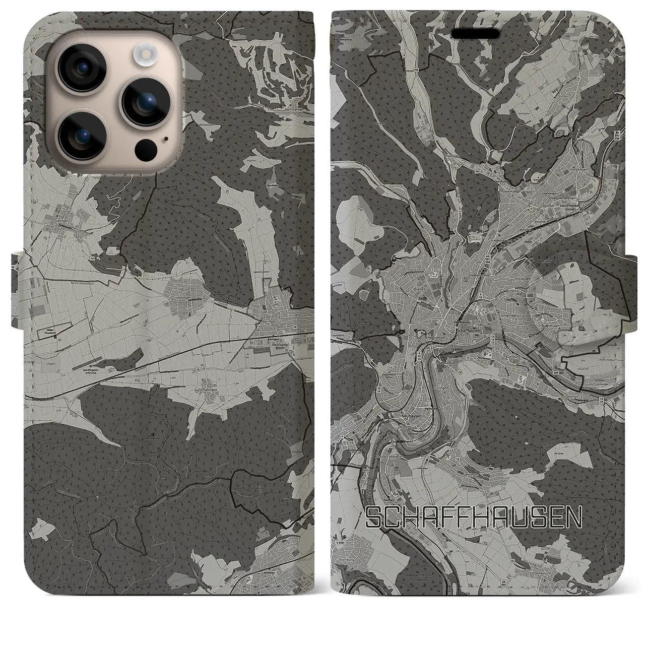 【シャフハウゼン(スイス)】地図柄iPhoneケース(手帳タイプ)モノトーン・iPhone 16 Plus 用