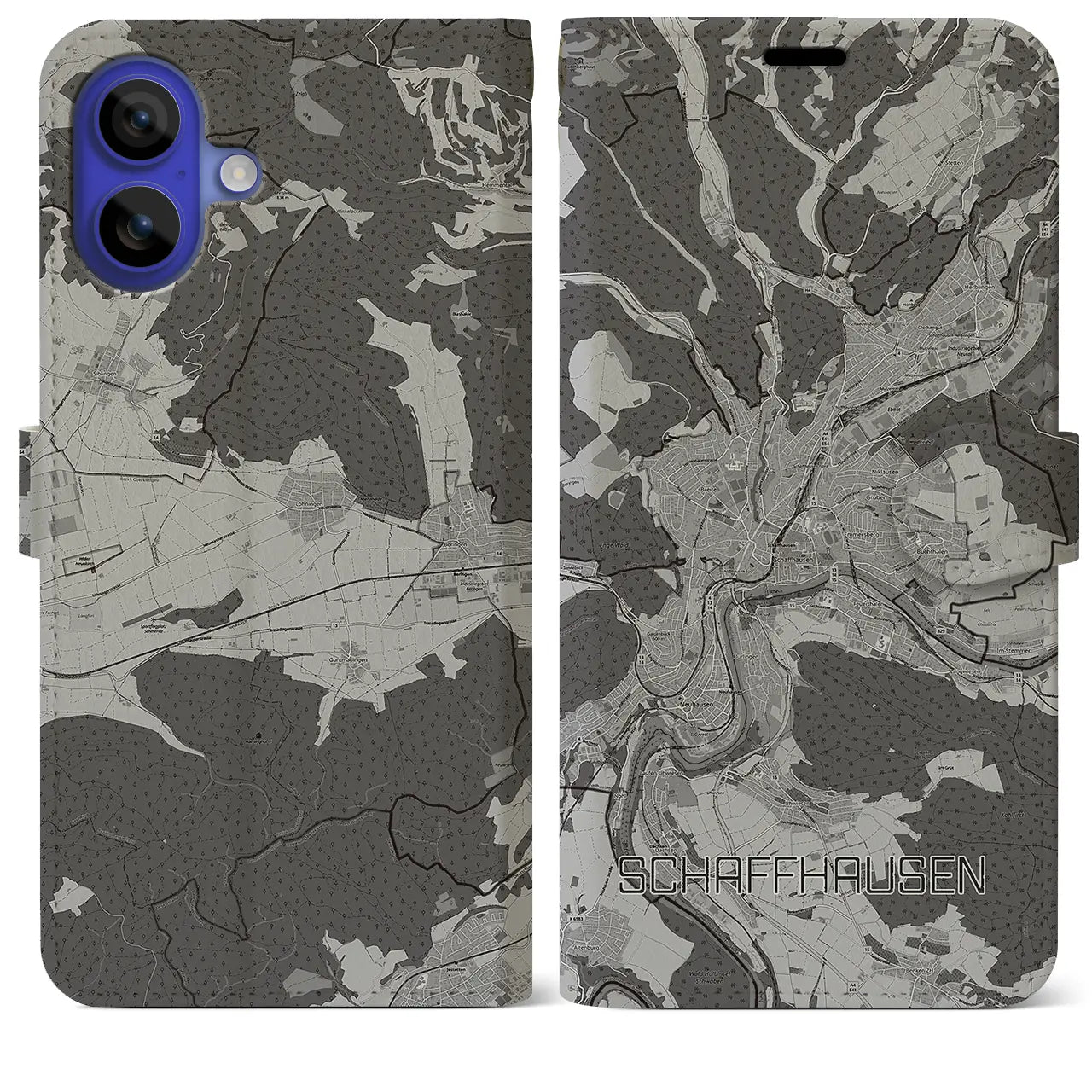 【シャフハウゼン(スイス)】地図柄iPhoneケース(手帳タイプ)モノトーン・iPhone 16 Pro Max 用