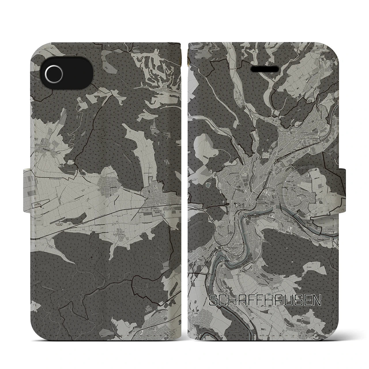 【シャフハウゼン(スイス)】地図柄iPhoneケース(手帳タイプ)モノトーン・iPhone SE(第3 / 第2世代) / 8 / 7 / 6s / 6 用