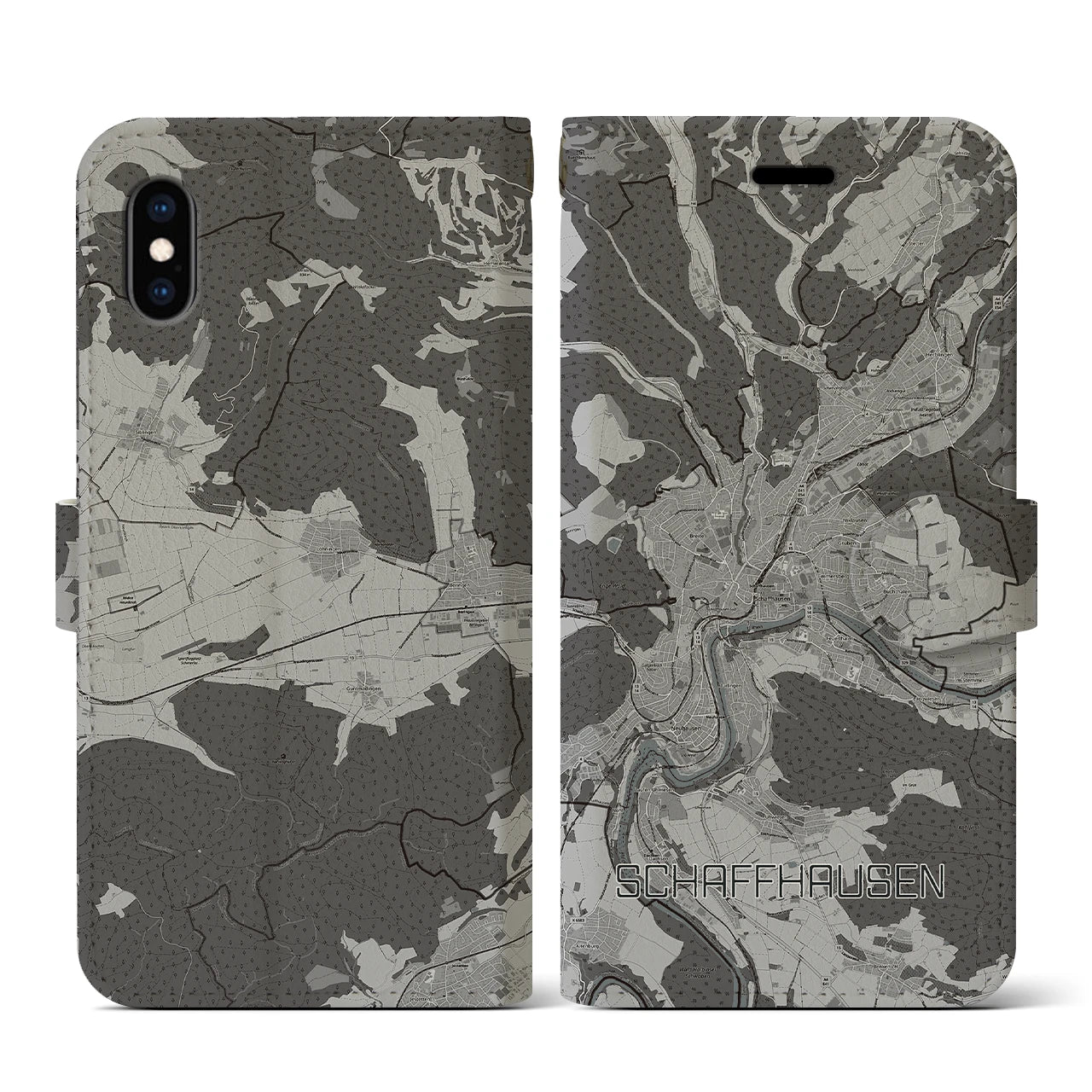 【シャフハウゼン(スイス)】地図柄iPhoneケース(手帳タイプ)モノトーン・iPhone XS / X 用