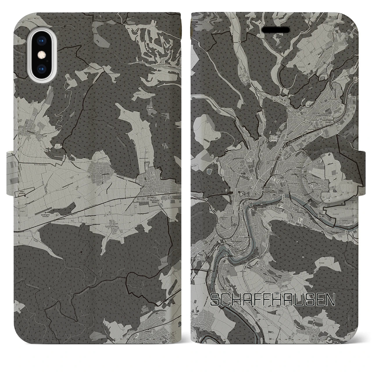 【シャフハウゼン(スイス)】地図柄iPhoneケース(手帳タイプ)モノトーン・iPhone XS Max 用