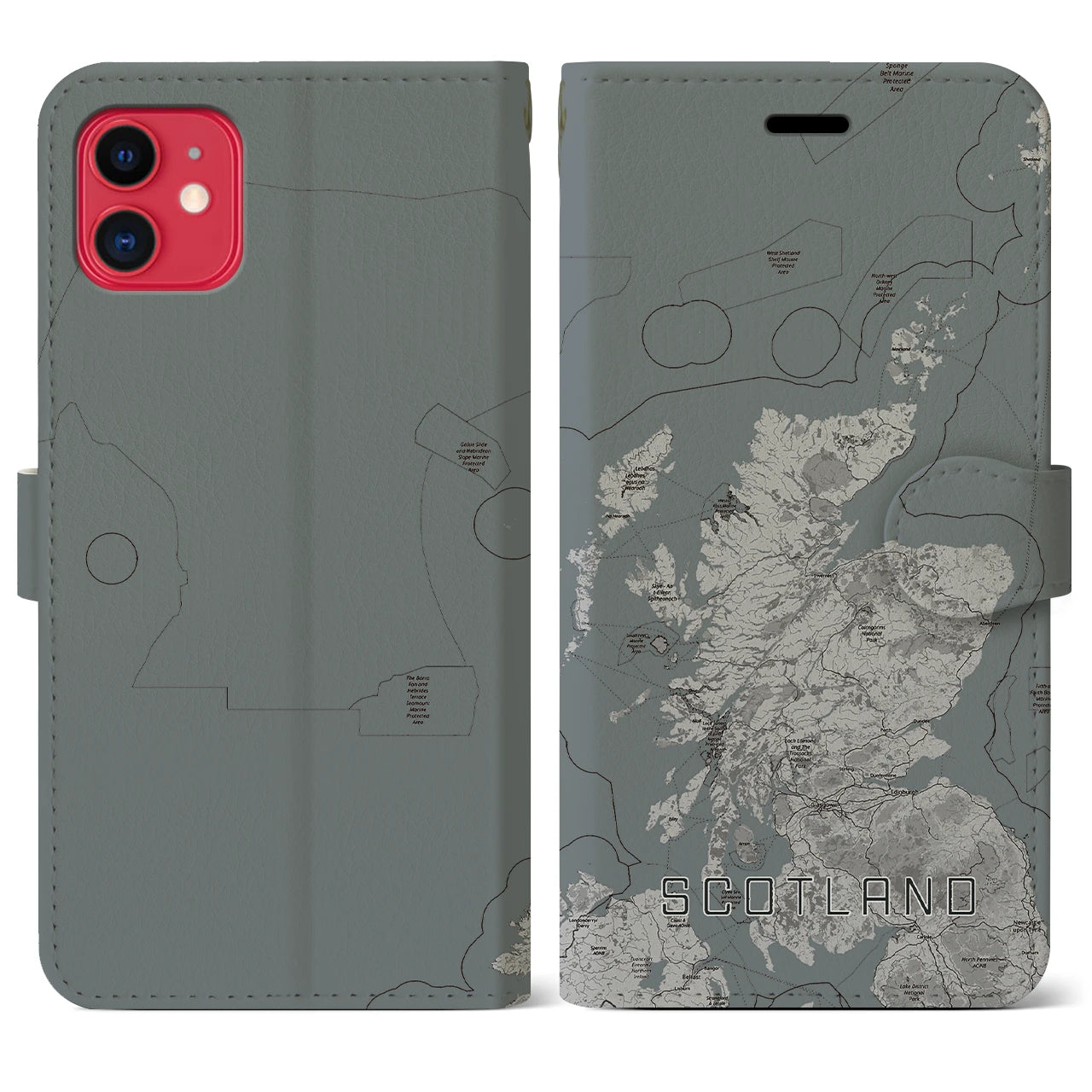 【スコットランド(イギリス)】地図柄iPhoneケース(手帳タイプ)モノトーン・iPhone 11 用