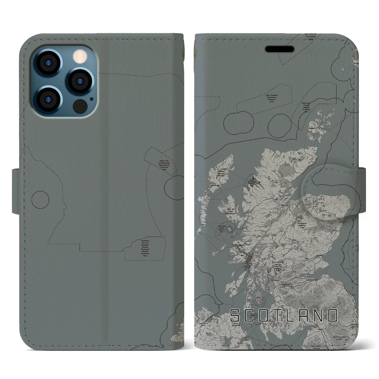 【スコットランド(イギリス)】地図柄iPhoneケース(手帳タイプ)モノトーン・iPhone 12 / 12 Pro 用