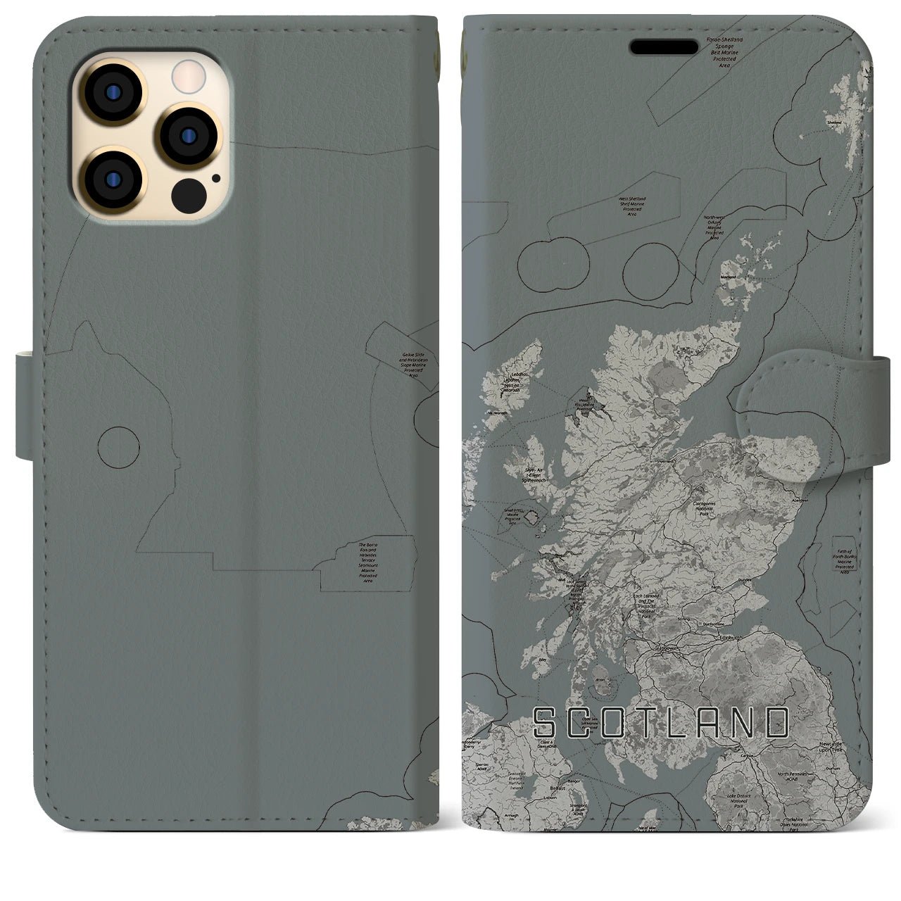 【スコットランド(イギリス)】地図柄iPhoneケース(手帳タイプ)モノトーン・iPhone 12 Pro Max 用