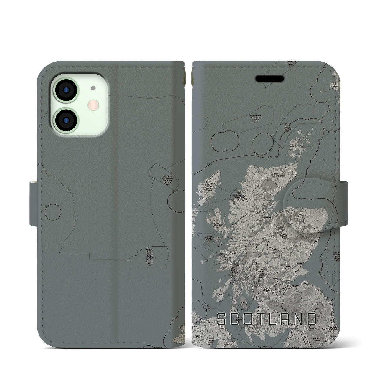 【スコットランド(イギリス)】地図柄iPhoneケース(手帳タイプ)モノトーン・iPhone 12 mini 用