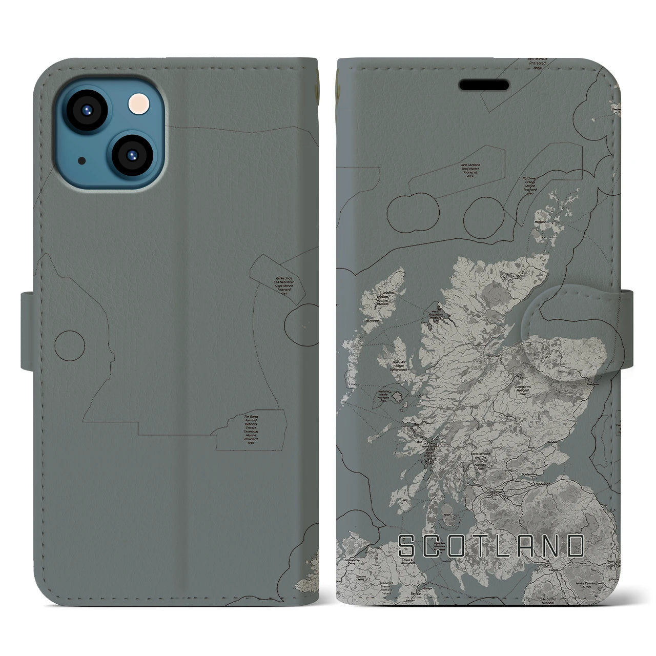 【スコットランド(イギリス)】地図柄iPhoneケース(手帳タイプ)モノトーン・iPhone 13 用