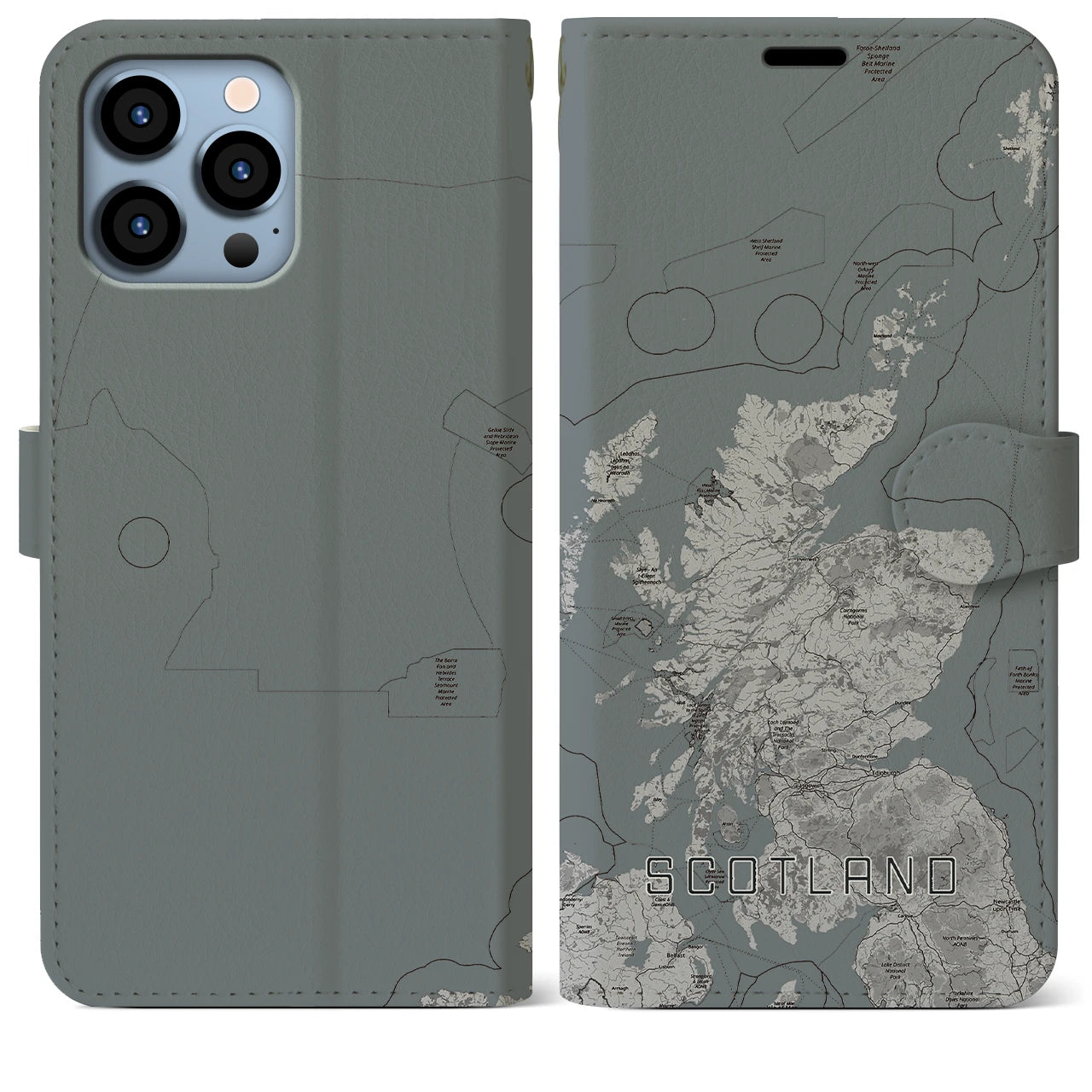 【スコットランド(イギリス)】地図柄iPhoneケース(手帳タイプ)モノトーン・iPhone 13 Pro Max 用