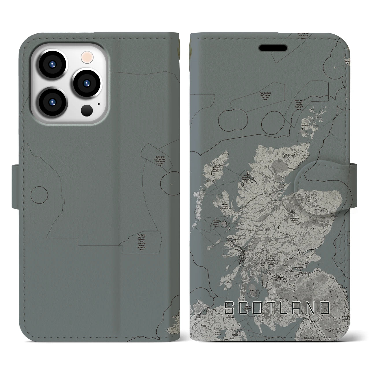 【スコットランド(イギリス)】地図柄iPhoneケース(手帳タイプ)モノトーン・iPhone 13 Pro 用