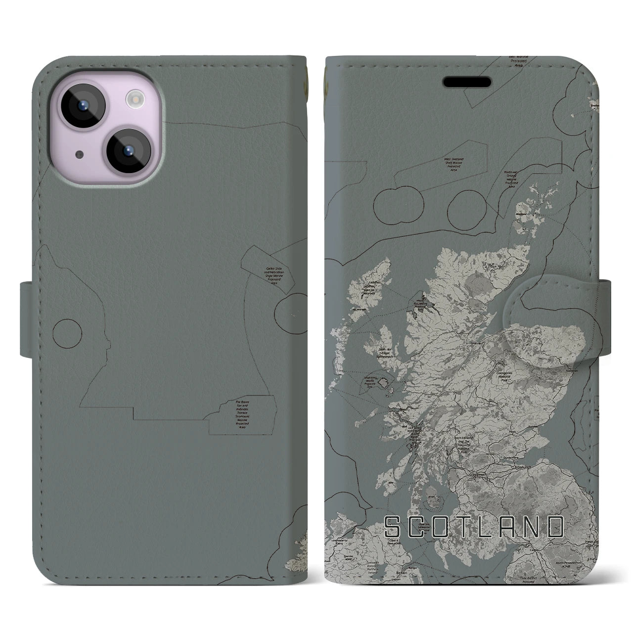 【スコットランド(イギリス)】地図柄iPhoneケース(手帳タイプ)モノトーン・iPhone 14 用