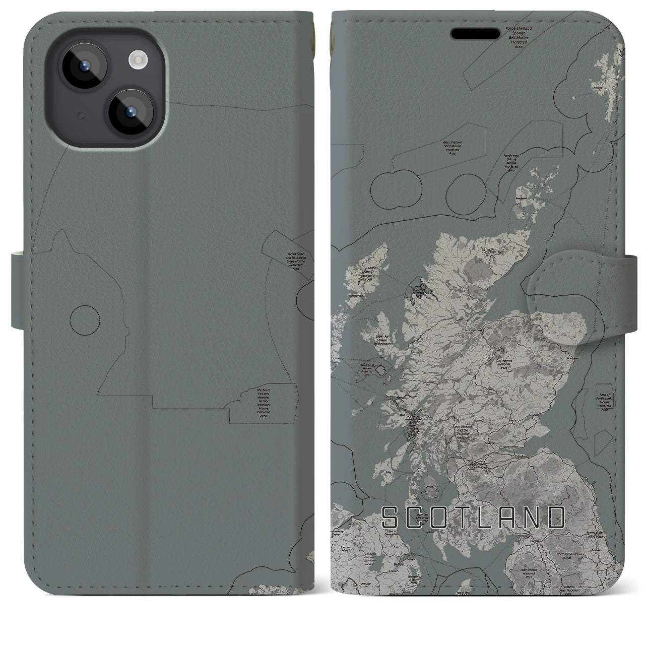 【スコットランド(イギリス)】地図柄iPhoneケース(手帳タイプ)モノトーン・iPhone 14 Plus 用