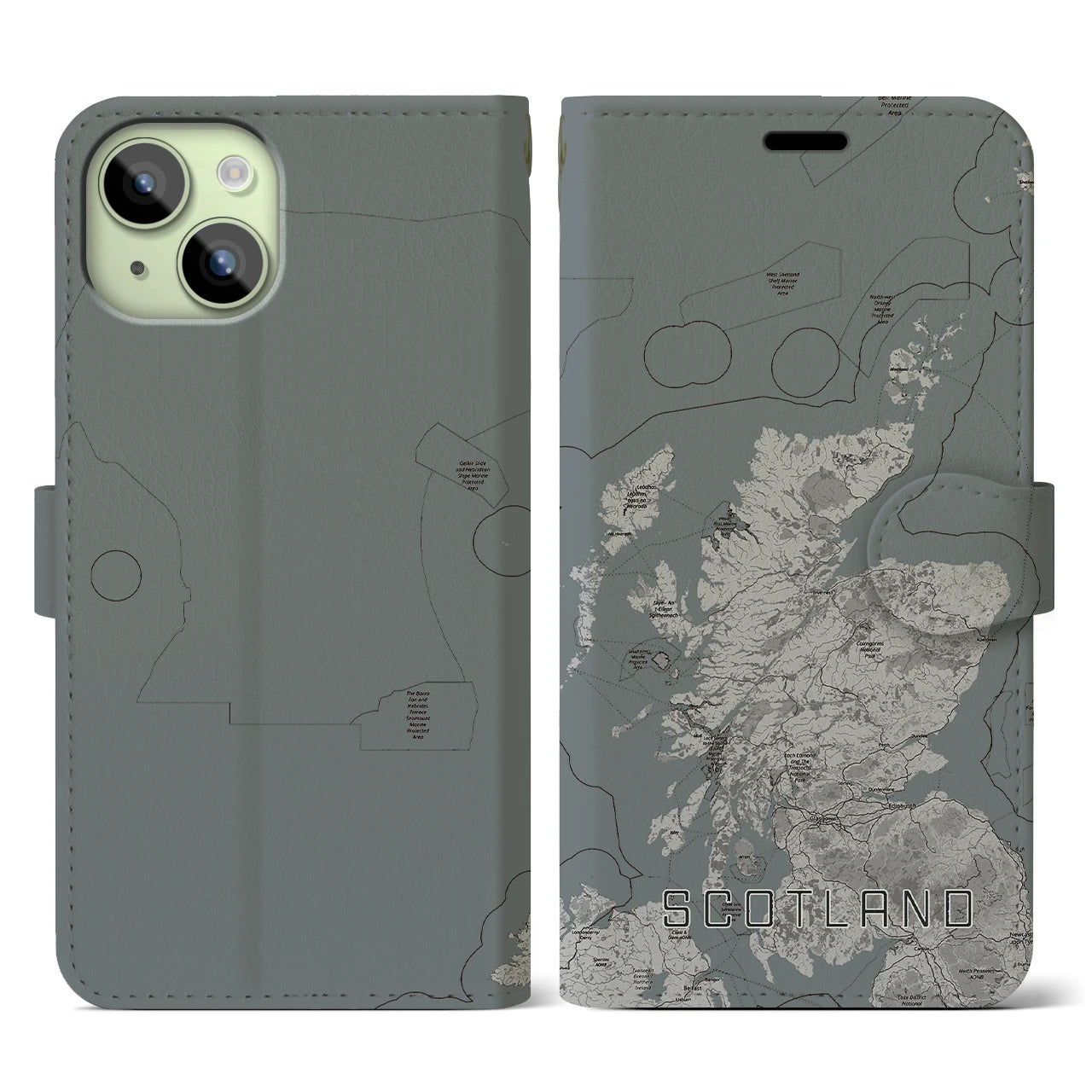 【スコットランド(イギリス)】地図柄iPhoneケース(手帳タイプ)モノトーン・iPhone 15 用
