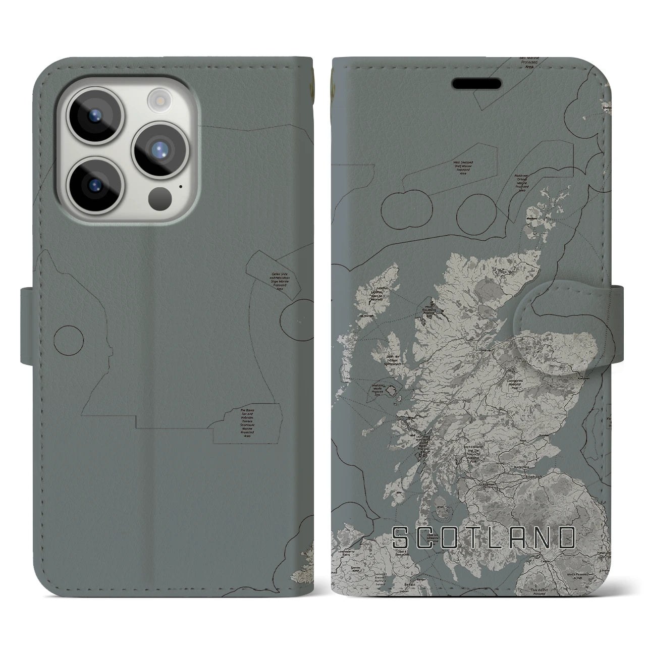 【スコットランド(イギリス)】地図柄iPhoneケース(手帳タイプ)モノトーン・iPhone 15 Pro 用