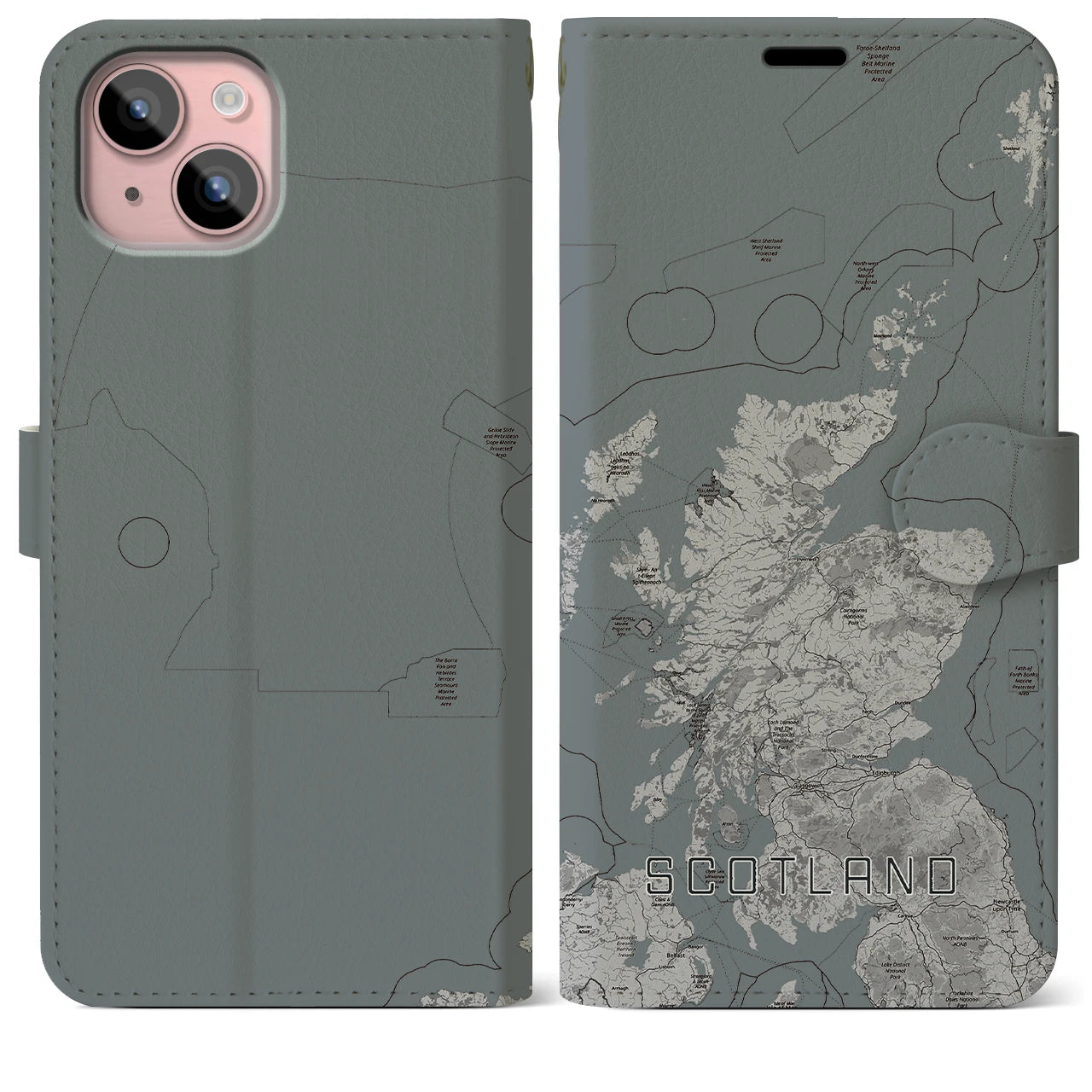 【スコットランド(イギリス)】地図柄iPhoneケース(手帳タイプ)モノトーン・iPhone 15 Plus 用