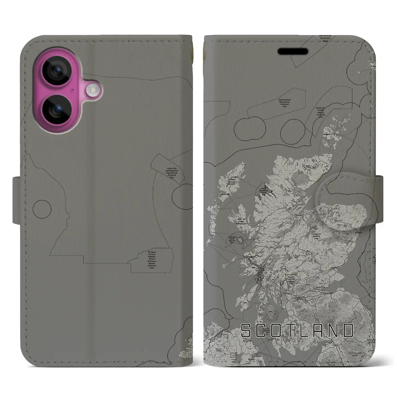 【スコットランド(イギリス)】地図柄iPhoneケース(手帳タイプ)モノトーン・iPhone 16 Pro 用