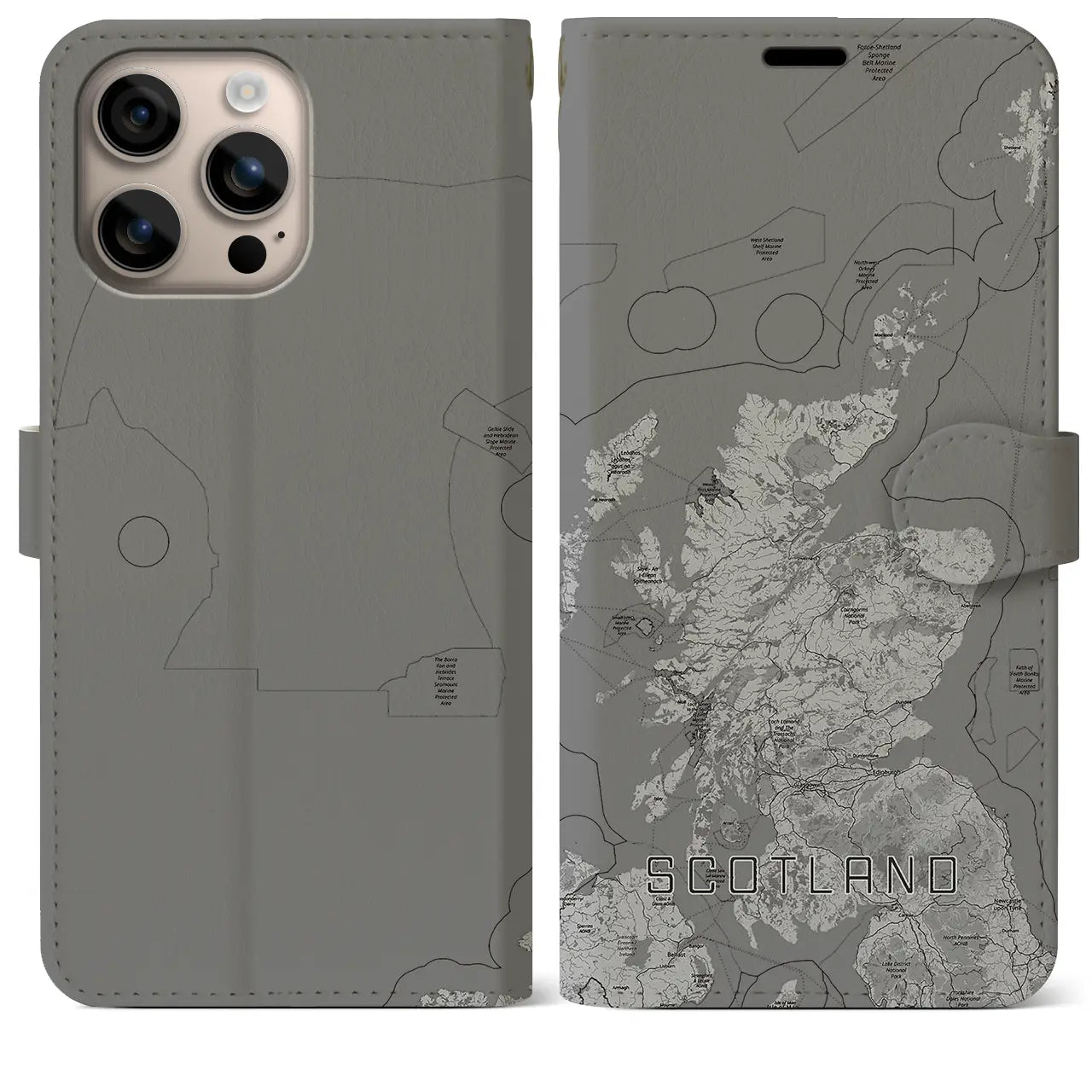 【スコットランド(イギリス)】地図柄iPhoneケース(手帳タイプ)モノトーン・iPhone 16 Plus 用