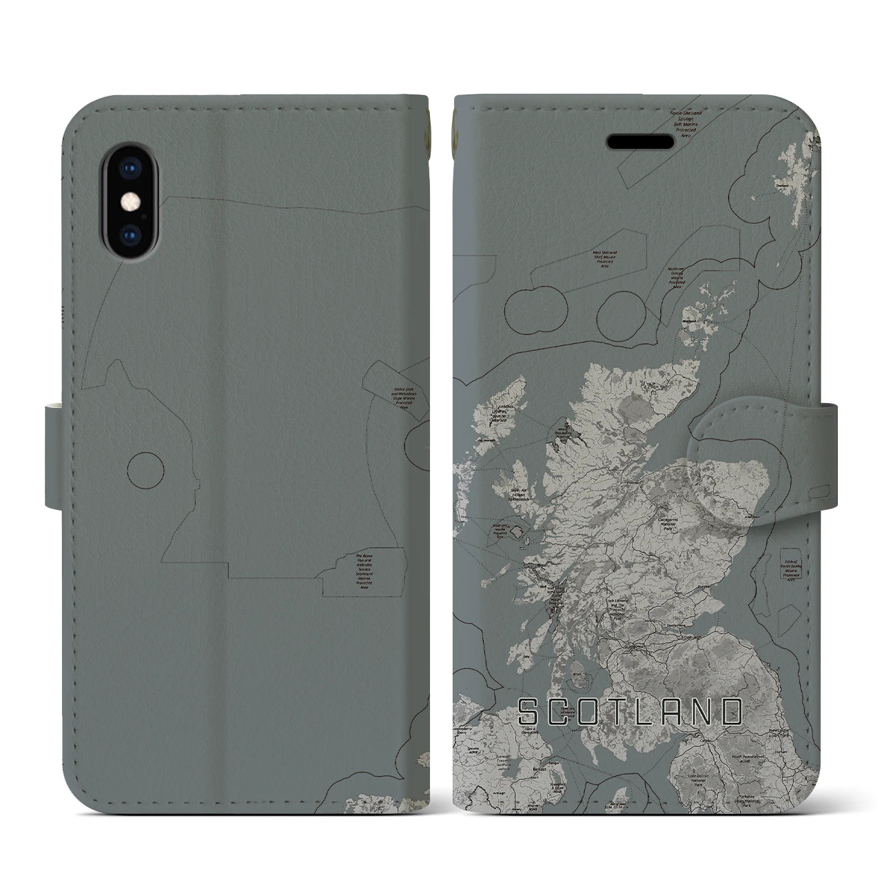 【スコットランド(イギリス)】地図柄iPhoneケース(手帳タイプ)モノトーン・iPhone XS / X 用