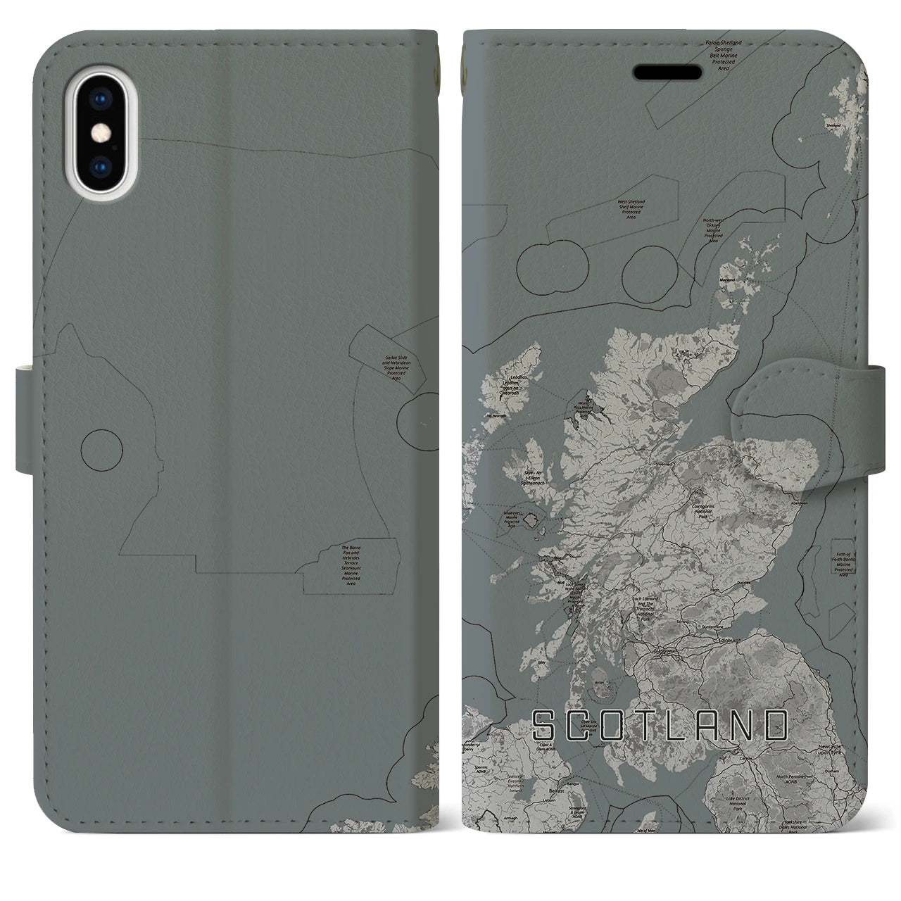 【スコットランド(イギリス)】地図柄iPhoneケース(手帳タイプ)モノトーン・iPhone XS Max 用