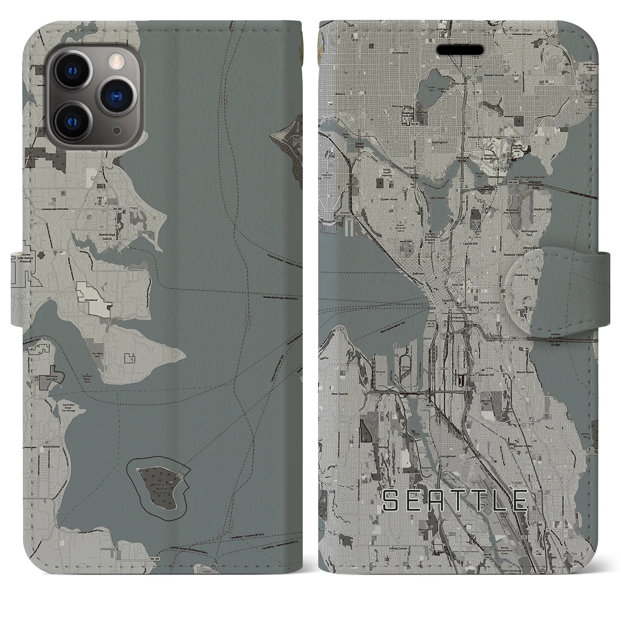 【シアトル(アメリカ)】地図柄iPhoneケース(手帳タイプ)モノトーン・iPhone 11 Pro Max 用