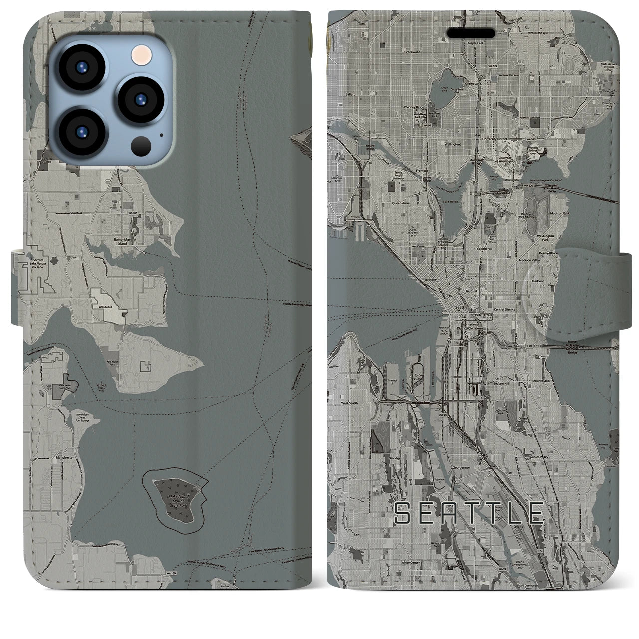 【シアトル(アメリカ)】地図柄iPhoneケース(手帳タイプ)モノトーン・iPhone 13 Pro Max 用