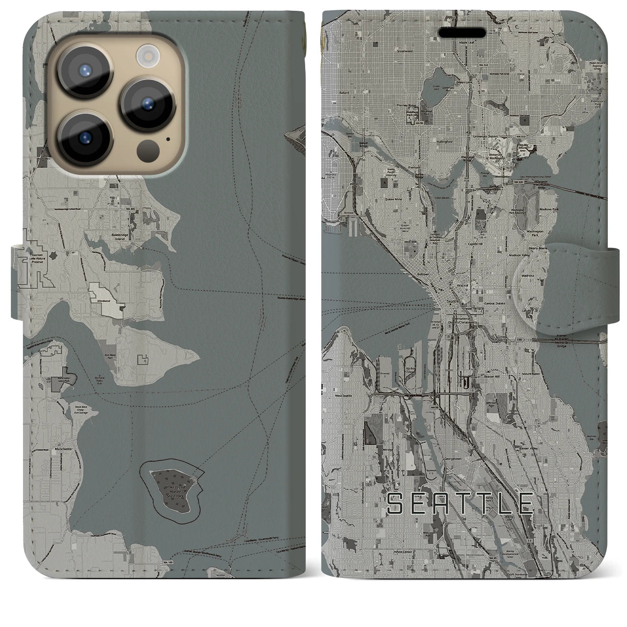 【シアトル(アメリカ)】地図柄iPhoneケース(手帳タイプ)モノトーン・iPhone 14 Pro Max 用