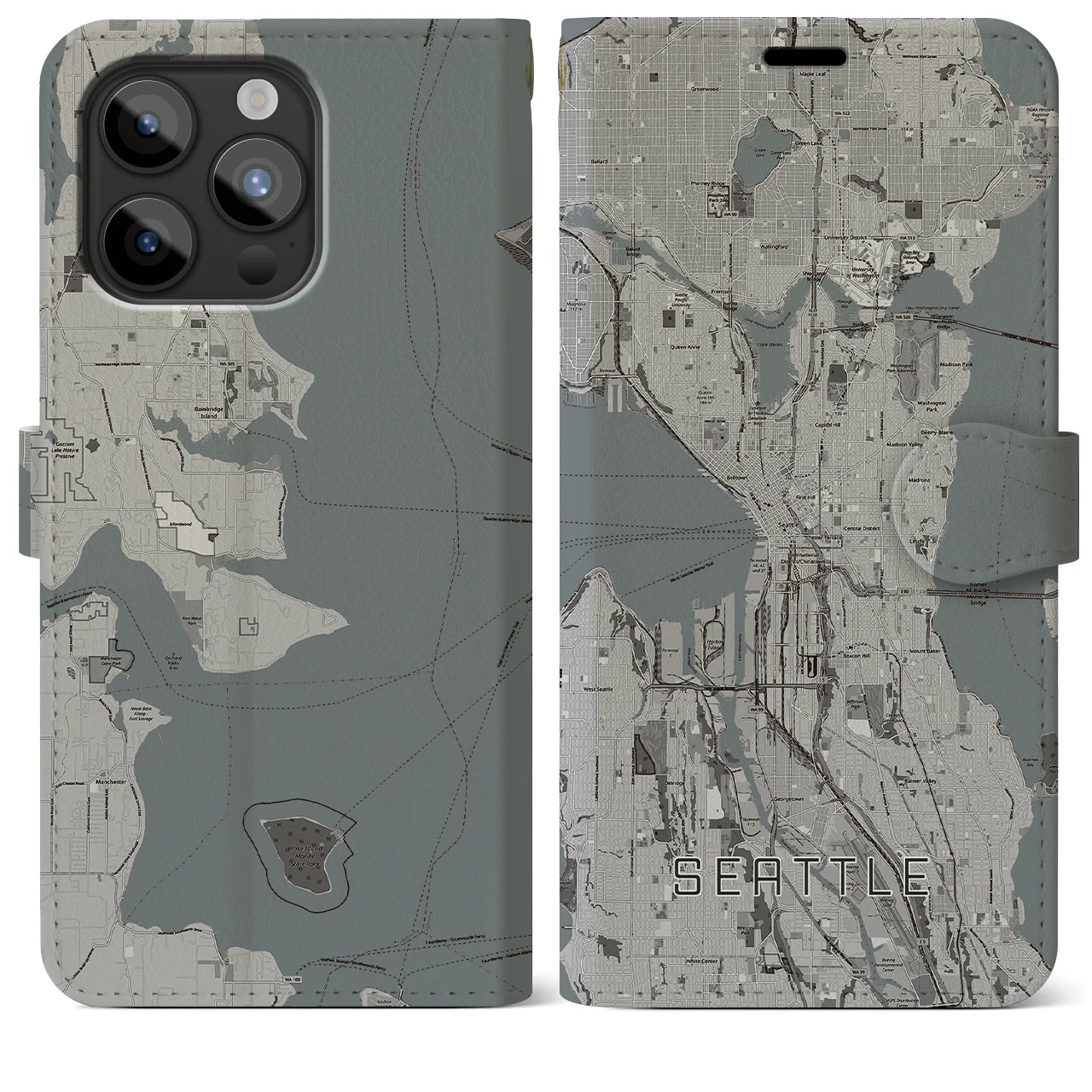 【シアトル(アメリカ)】地図柄iPhoneケース(手帳タイプ)モノトーン・iPhone 15 Pro Max 用
