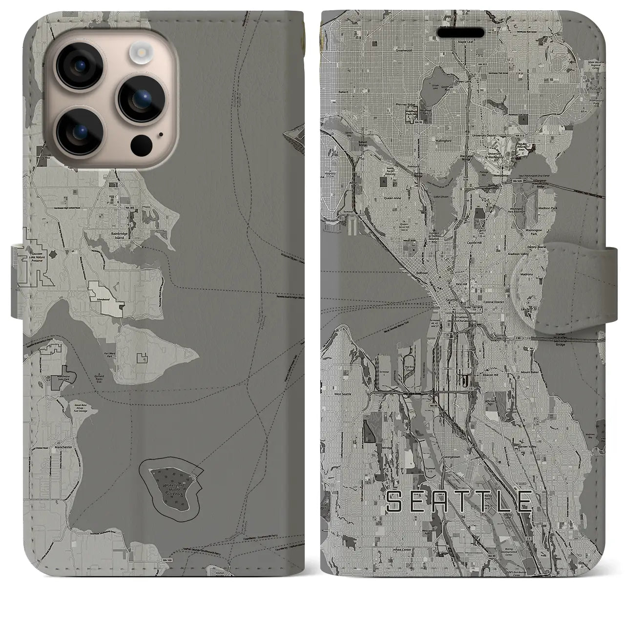 【シアトル(アメリカ)】地図柄iPhoneケース(手帳タイプ)モノトーン・iPhone 16 Plus 用
