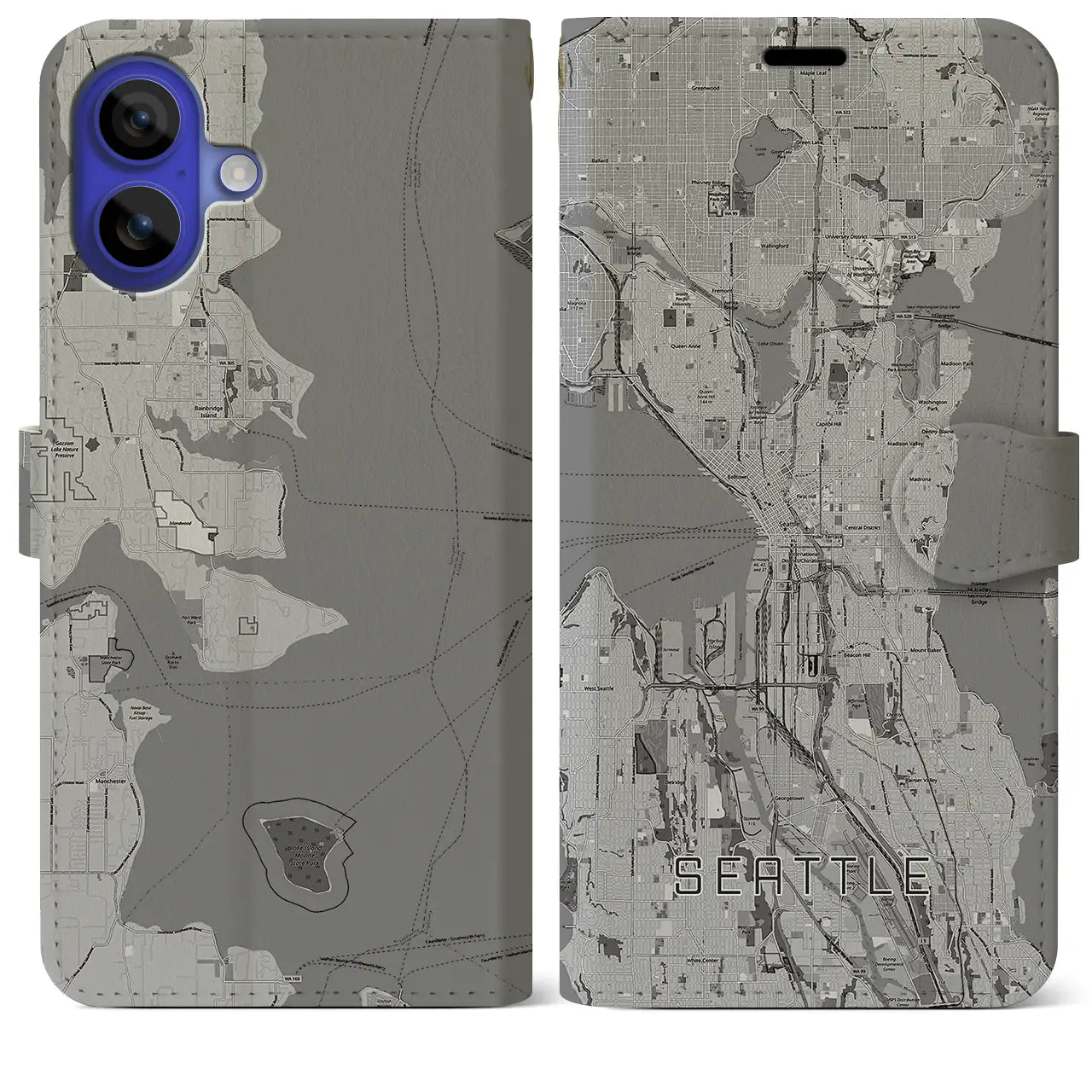 【シアトル(アメリカ)】地図柄iPhoneケース(手帳タイプ)モノトーン・iPhone 16 Pro Max 用