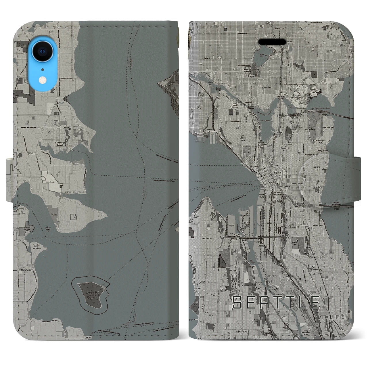 【シアトル(アメリカ)】地図柄iPhoneケース(手帳タイプ)モノトーン・iPhone XR 用