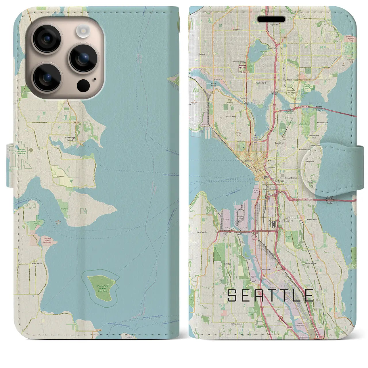 【シアトル(アメリカ)】地図柄iPhoneケース(手帳タイプ)ナチュラル・iPhone 16 Plus 用