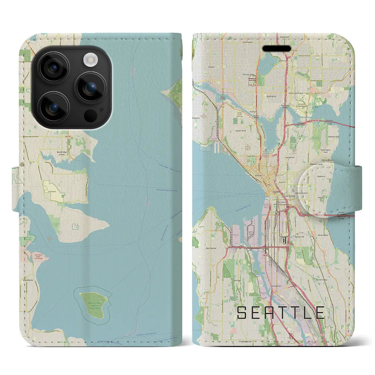 【シアトル(アメリカ)】地図柄iPhoneケース(手帳タイプ)ナチュラル・iPhone 16 用