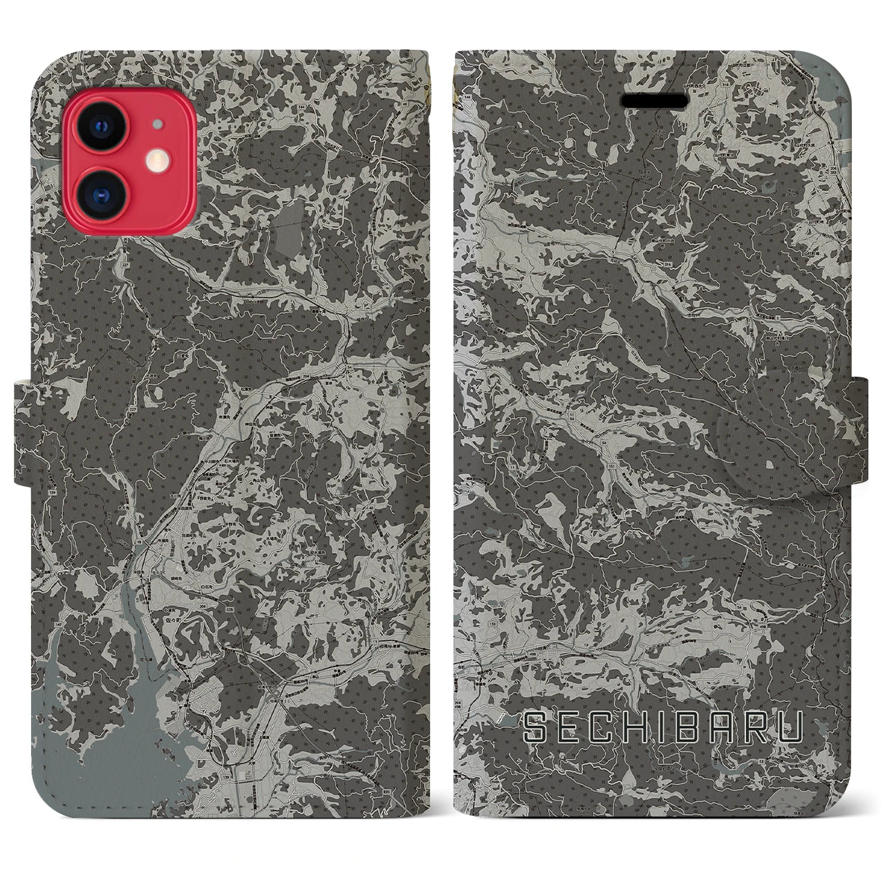 【世知原(長崎県)】地図柄iPhoneケース(手帳タイプ)モノトーン・iPhone 11 用