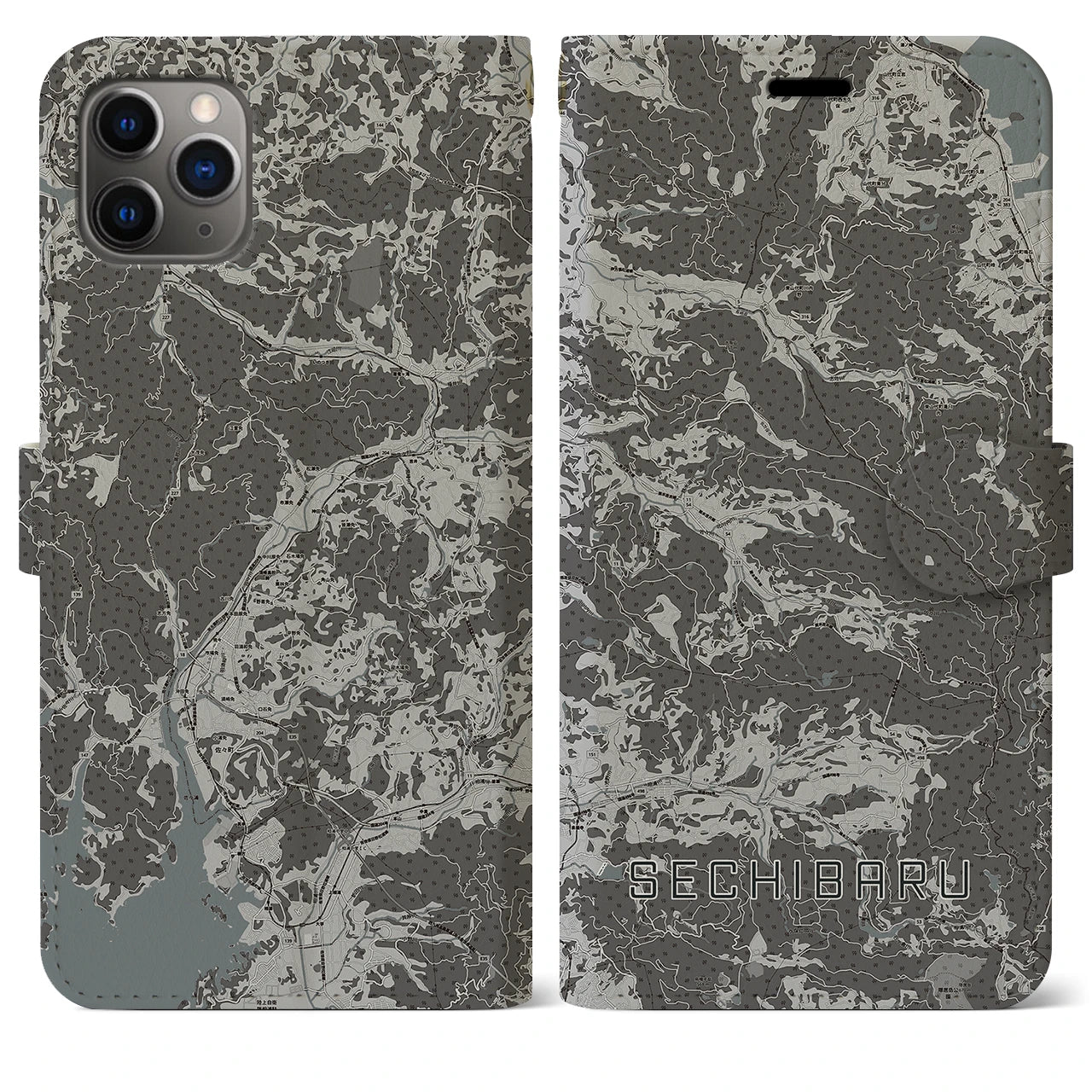 【世知原(長崎県)】地図柄iPhoneケース(手帳タイプ)モノトーン・iPhone 11 Pro Max 用