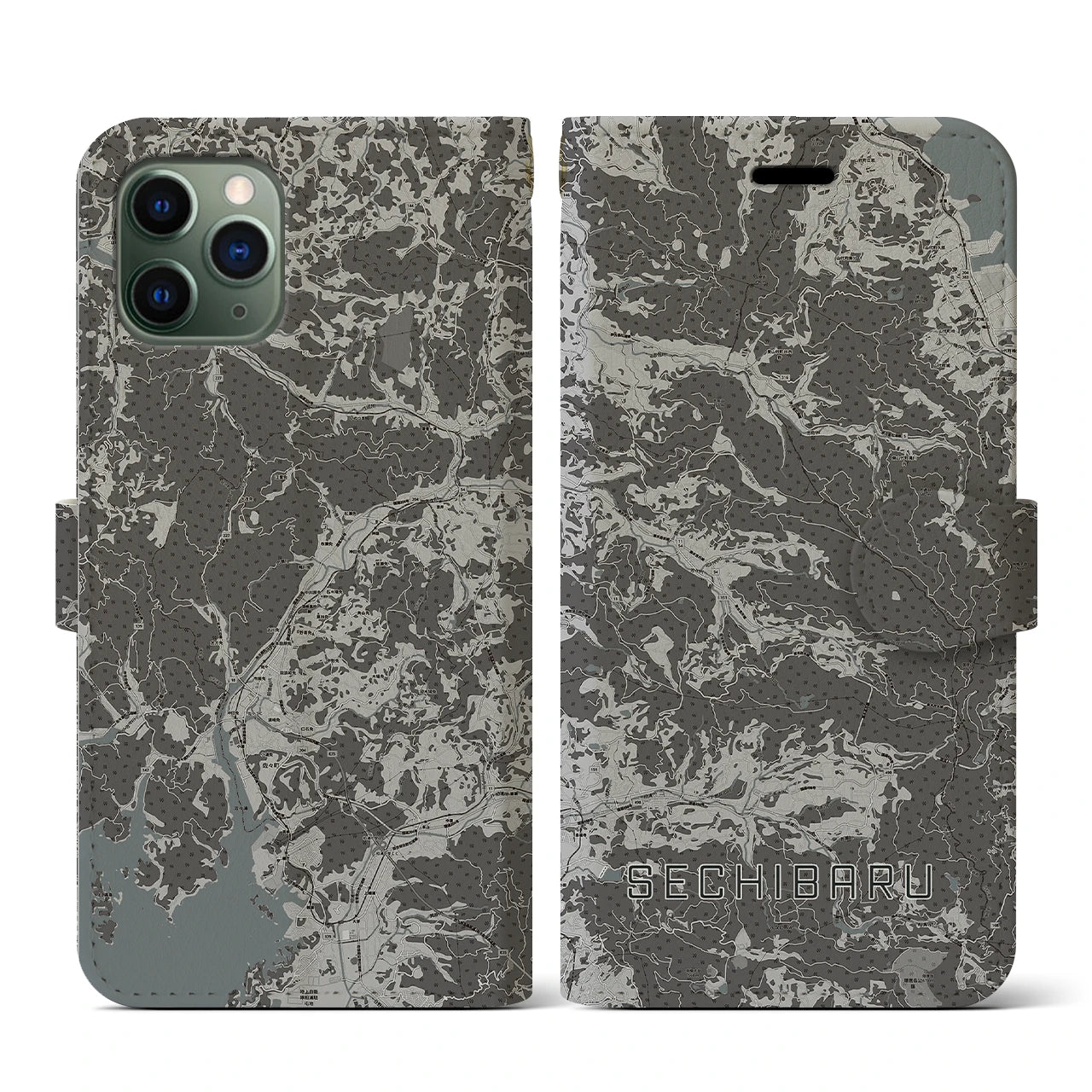 【世知原(長崎県)】地図柄iPhoneケース(手帳タイプ)モノトーン・iPhone 11 Pro 用