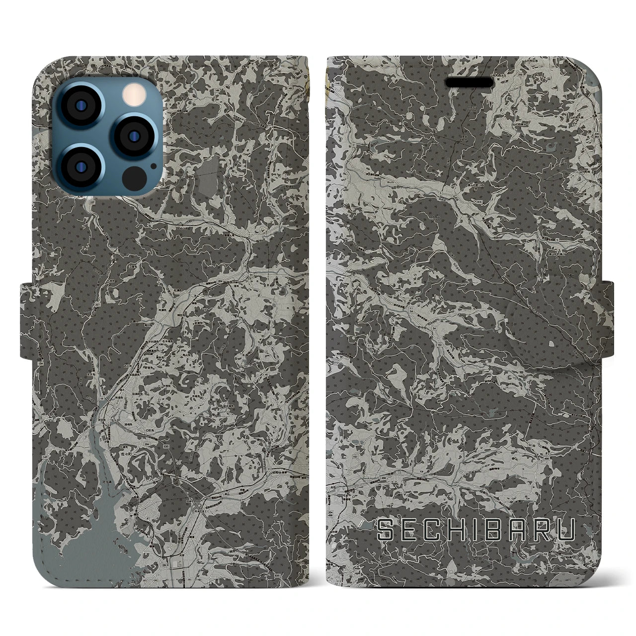 【世知原(長崎県)】地図柄iPhoneケース(手帳タイプ)モノトーン・iPhone 12 / 12 Pro 用