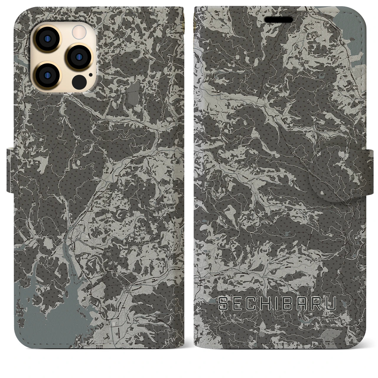 【世知原(長崎県)】地図柄iPhoneケース(手帳タイプ)モノトーン・iPhone 12 Pro Max 用