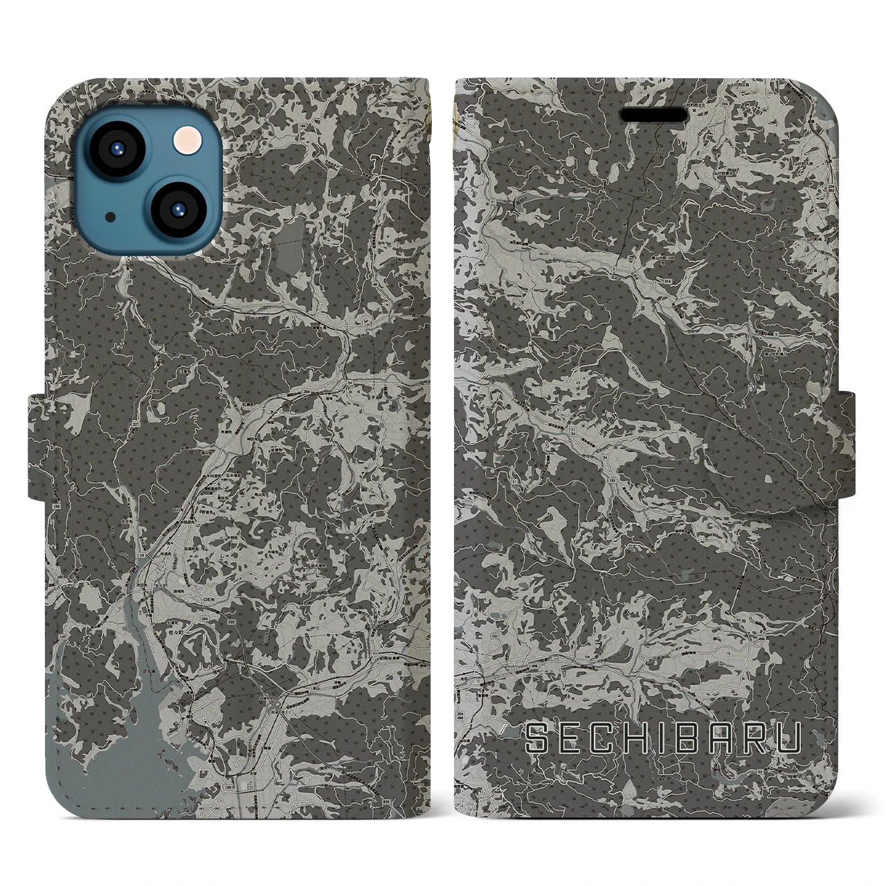 【世知原(長崎県)】地図柄iPhoneケース(手帳タイプ)モノトーン・iPhone 13 用