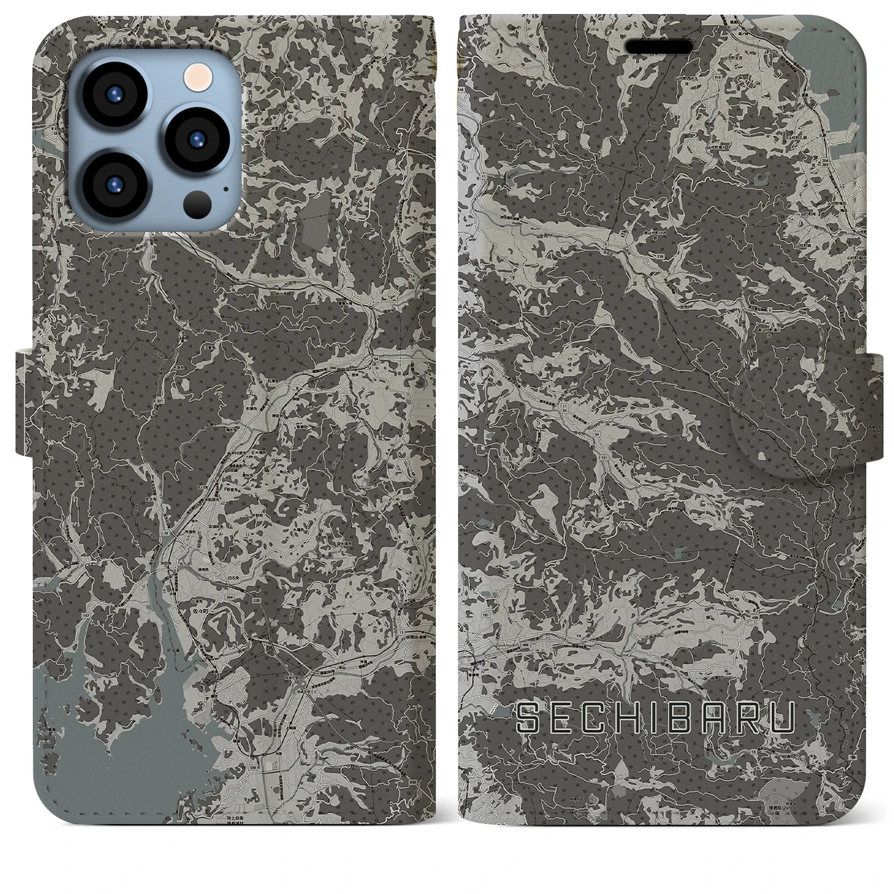 【世知原(長崎県)】地図柄iPhoneケース(手帳タイプ)モノトーン・iPhone 13 Pro Max 用