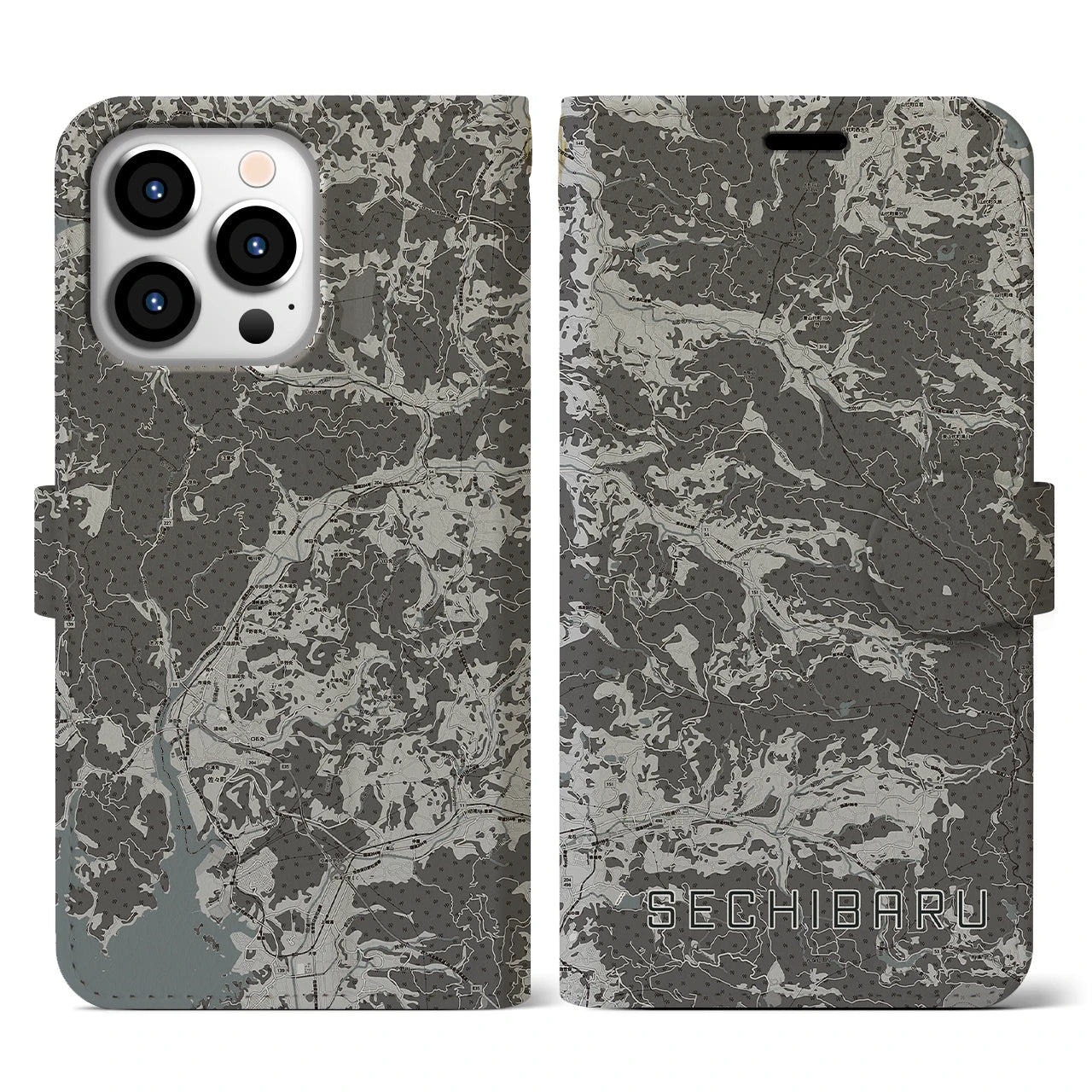 【世知原(長崎県)】地図柄iPhoneケース(手帳タイプ)モノトーン・iPhone 13 Pro 用