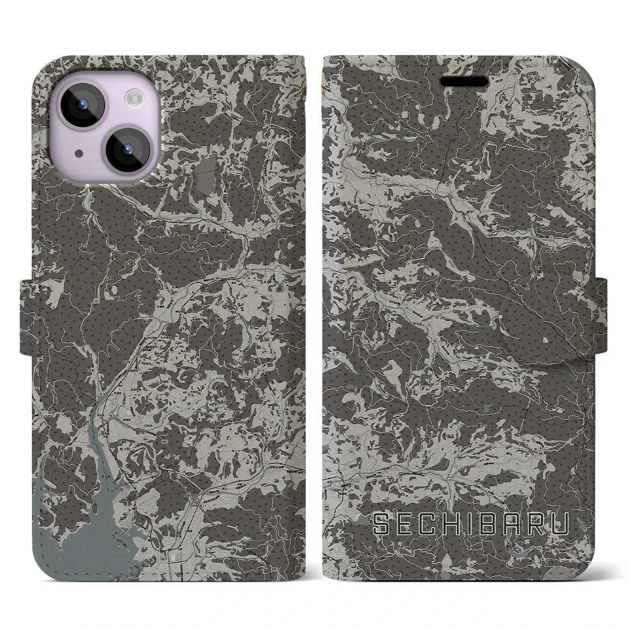 【世知原(長崎県)】地図柄iPhoneケース(手帳タイプ)モノトーン・iPhone 14 用