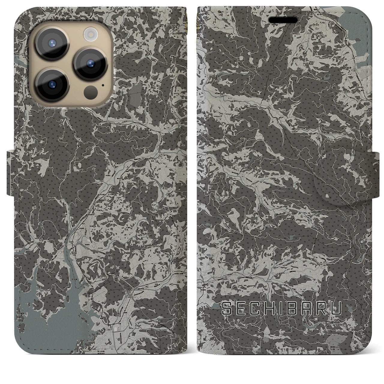 【世知原(長崎県)】地図柄iPhoneケース(手帳タイプ)モノトーン・iPhone 14 Pro Max 用