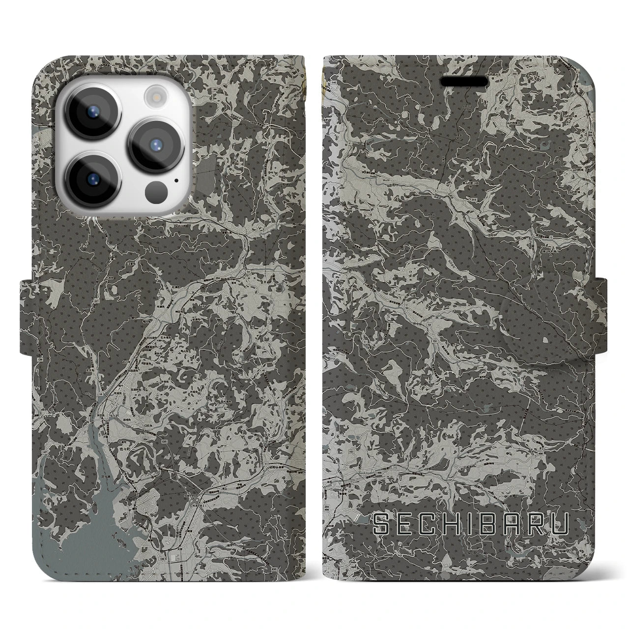 【世知原(長崎県)】地図柄iPhoneケース(手帳タイプ)モノトーン・iPhone 14 Pro 用